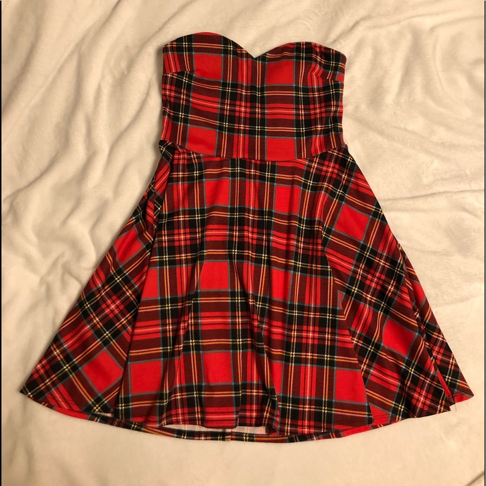 Red plaid strapless skater dress